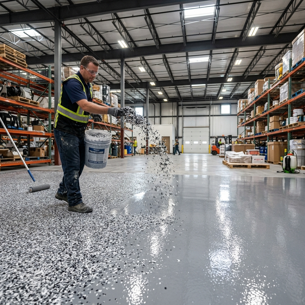 Epoxy and flake floor coating system